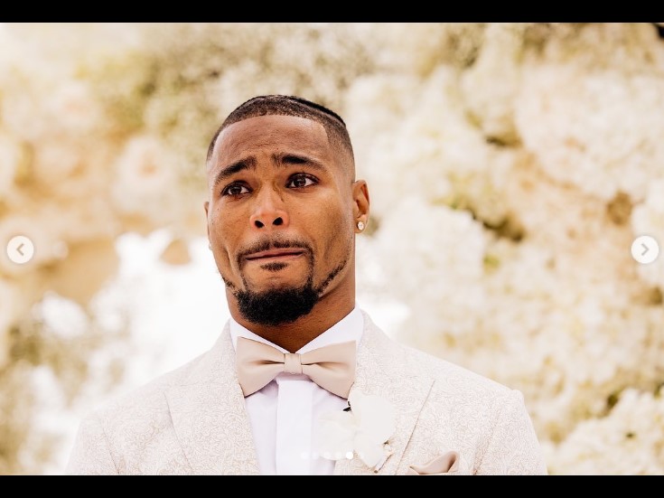 Jonathan Owens looks emotional during his destination wedding to Simone Biles in Cabo, Mexico, in a post uploaded on May 9, 2023 | Source: Instagram/simonebiles