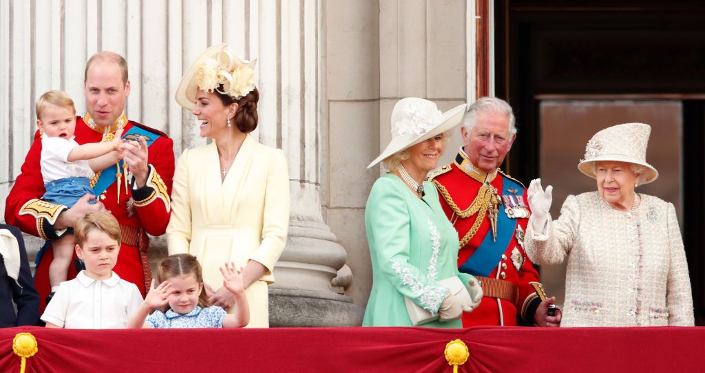 rince William, Duke of Cambridge, Catherine, Duchess of Cambridge, Prince Louis of Cambridge, Prince George of Cambridge, Princess Charlotte of Cambridge, Camilla, Duchess of Cornwall, Prince Charles, Prince of Wales and Queen Elizabeth II watch a flypast from the balcony of Buckingham Palace. | Source: Getty Images