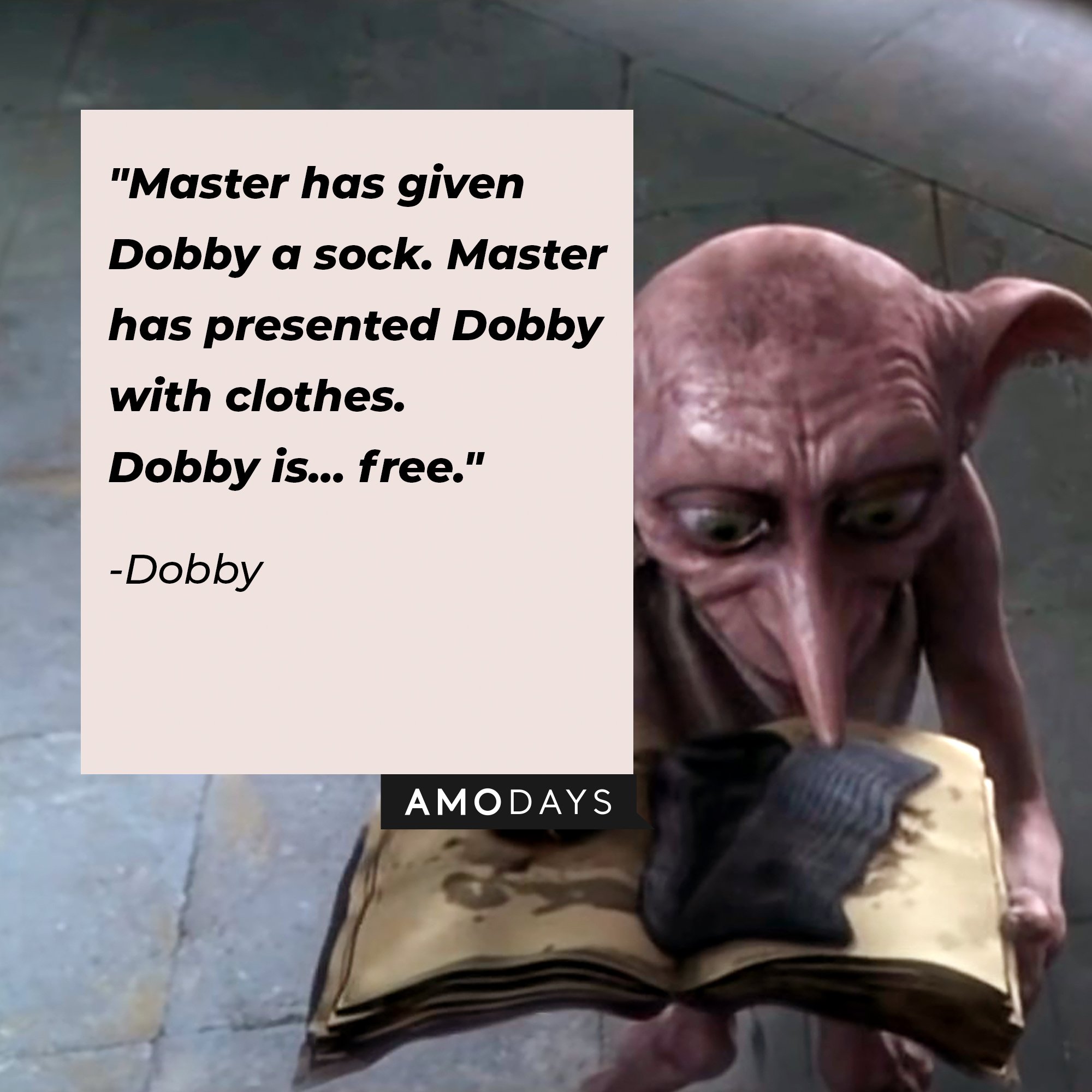  Dobby’s quote: "Master has given Dobby a sock. Master has presented Dobby with clothes. Dobby is… free." | Image: AmoDays