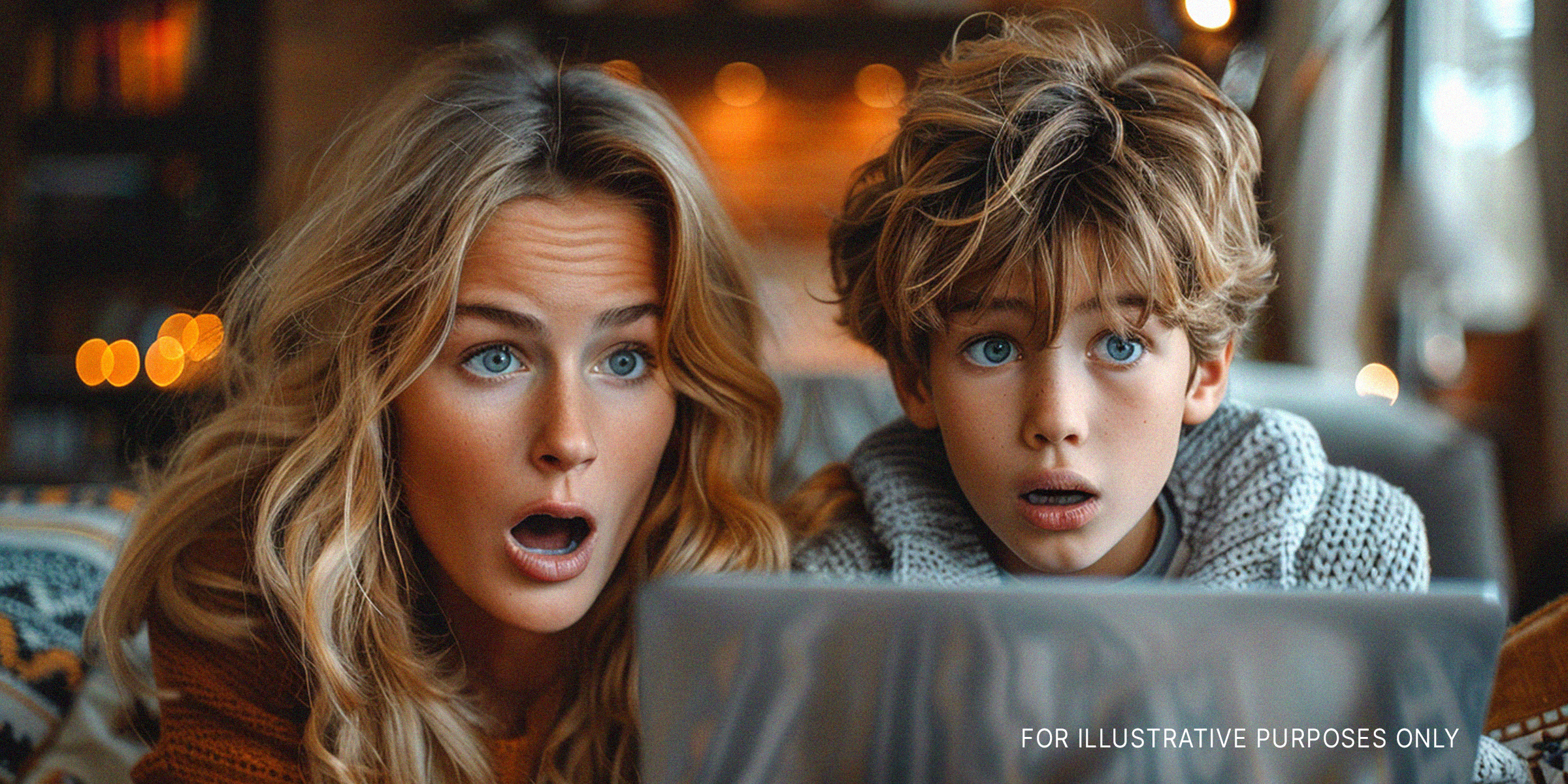 A shocked mom and son looking at a screen | Source: Midjourney