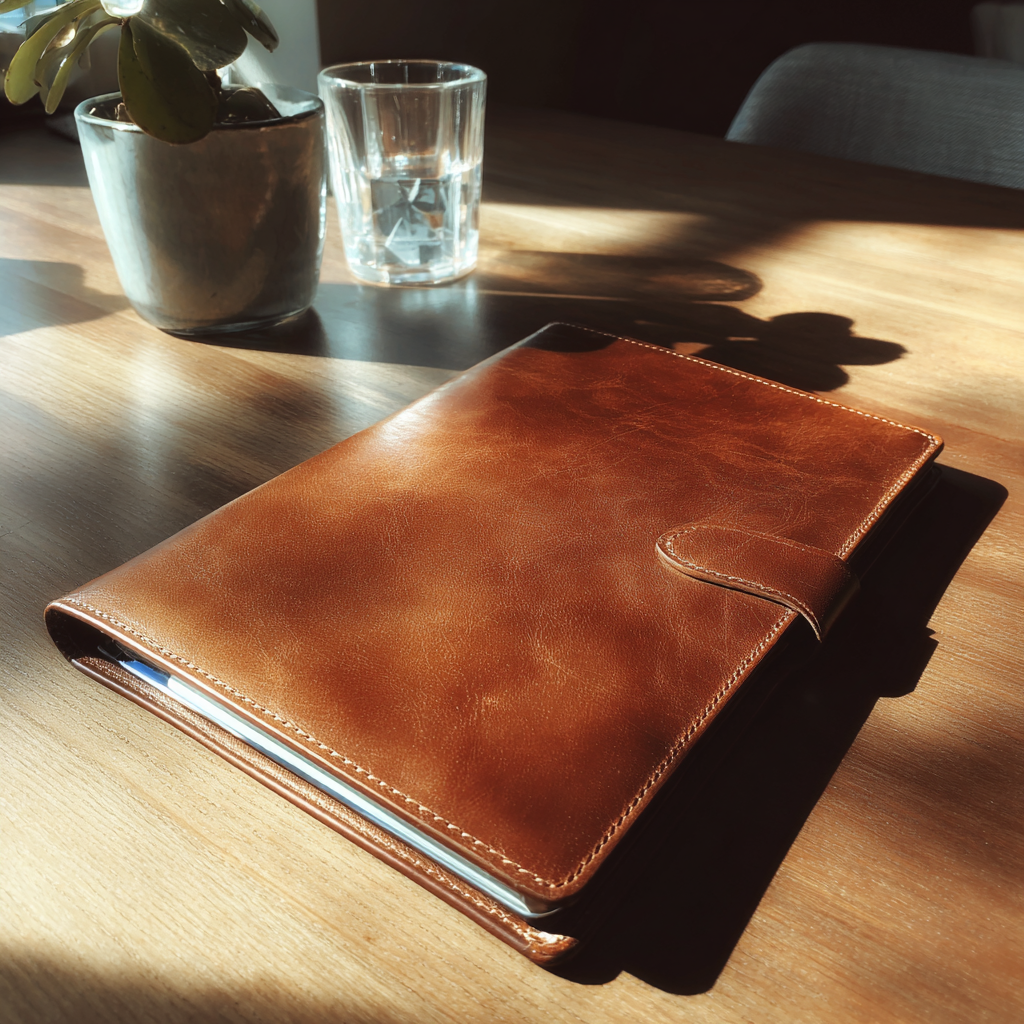 A leather portfolio on a table | Source: Midjourney