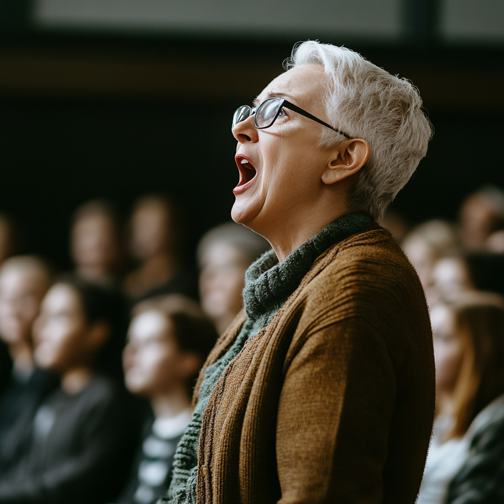 A woman shouting from the audience | Source: Midjourney