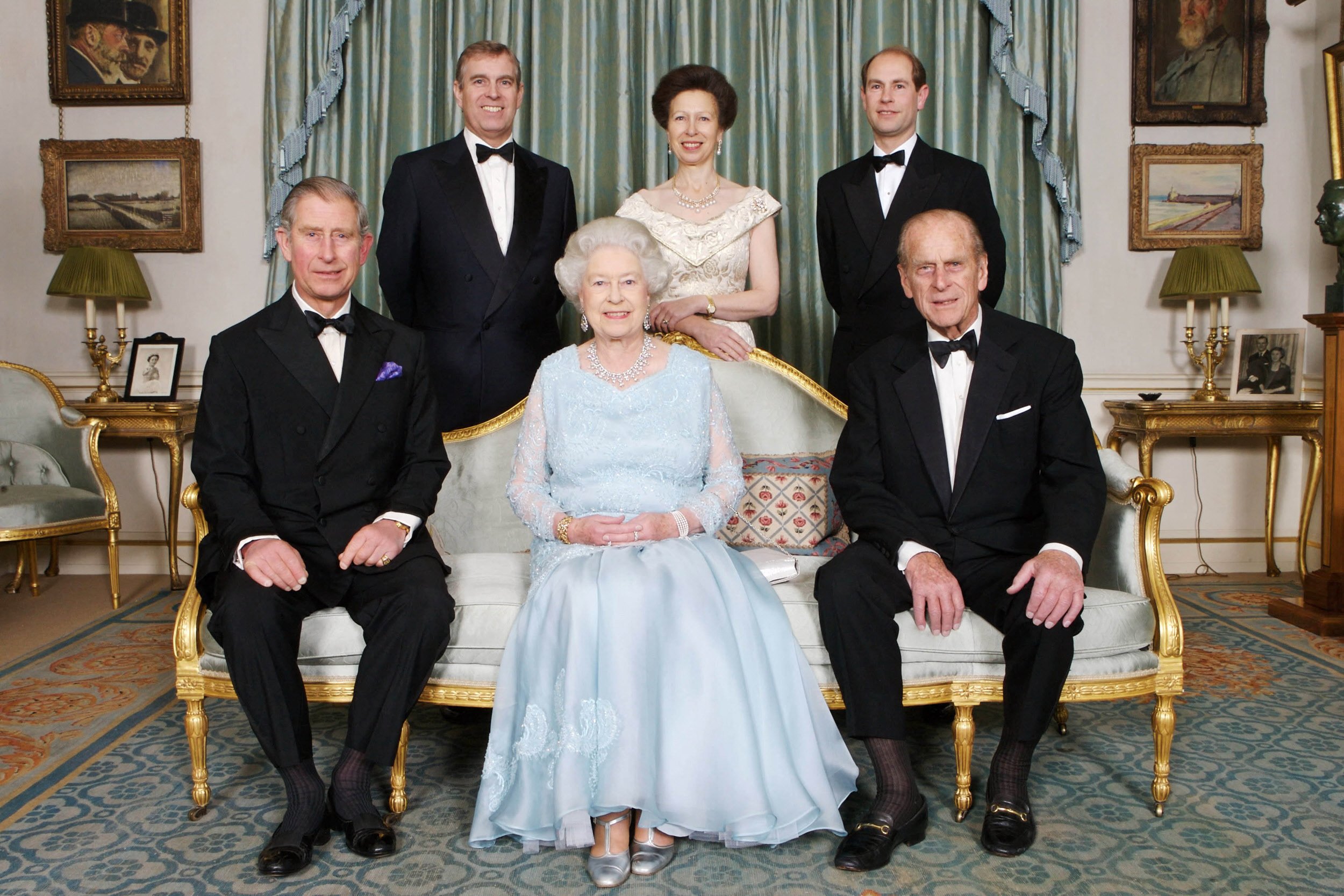 Queen Elizabeth II and Prince Philip are joined at Clarence House in London by Prince Charles, Prince Edward, Princess Anne and Prince Andrew on the occasion of a dinner hosted by HRH The Prince of Wales and HRH The Duchess of Cornwall to mark the forthcoming Diamond Wedding Anniversary of The Queen and The Duke, 18 November 2007. | Source: Getty Images