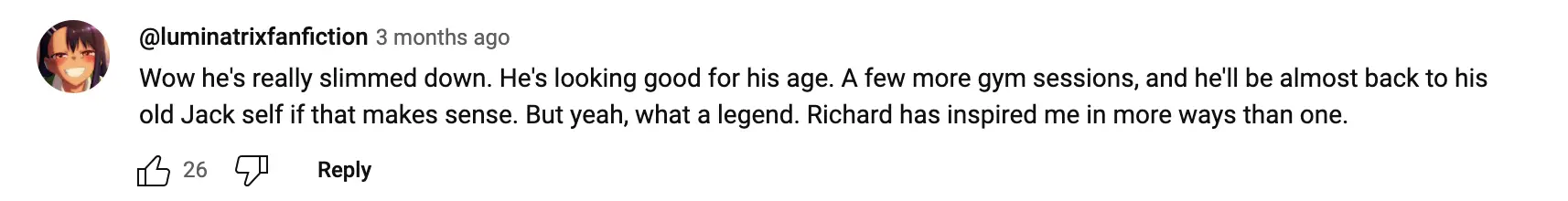A comment left on an interview with Richard Dean Anderson | Source: youtube.com/@CELEBRITYINTERVIEWSparviz
