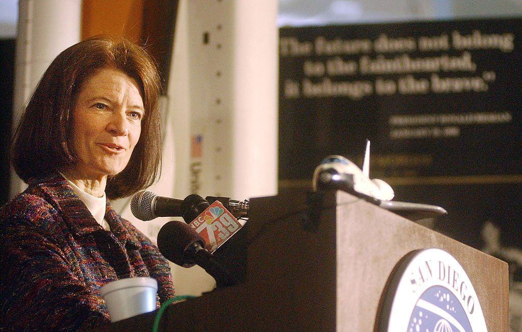 Dr. Sally Ride speaks to the media at the San Diego Aerospace Museum on February 7, 2003 in San Diego, California. | Photo: Getty Images