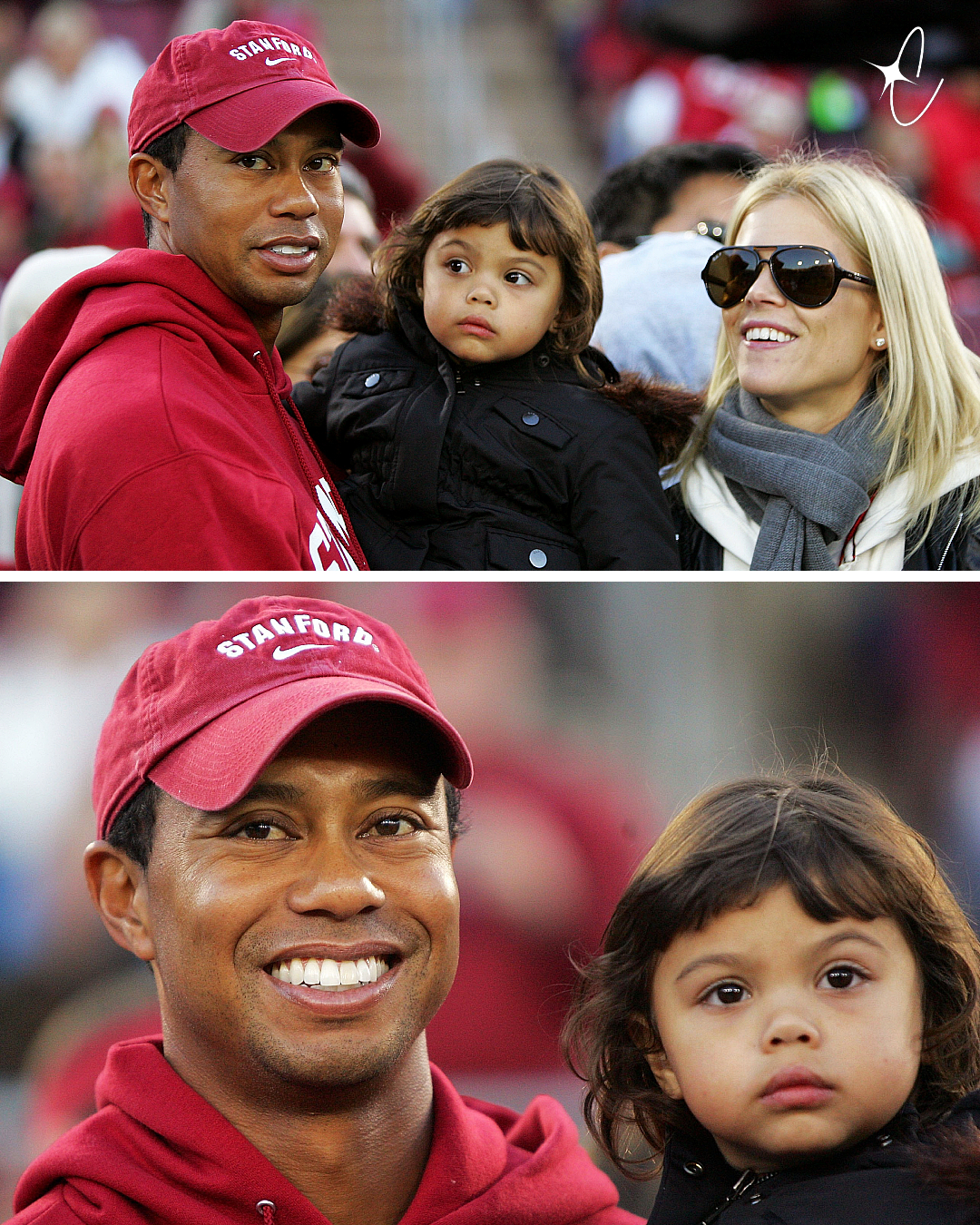 Tiger Woods, Elin Nordegren, and Sam Woods at the Stanford Cardinal game against the California Bears at Stanford Stadium on November 21, 2009, in Palo Alto, California | Source: Getty Images