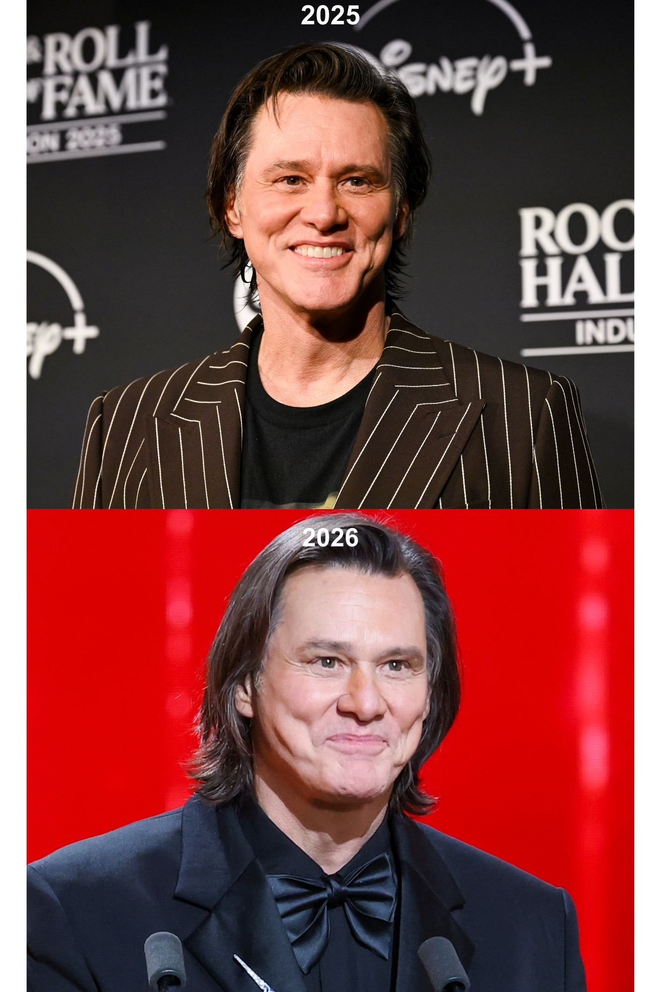 Two photos showing Jim Carrey; the one above was taken at the Rock & Roll Hall of Fame Induction Ceremony in 2025 and the one below was taken at the 51st Cesar Film Awards in 2026. | Source: Getty Images
