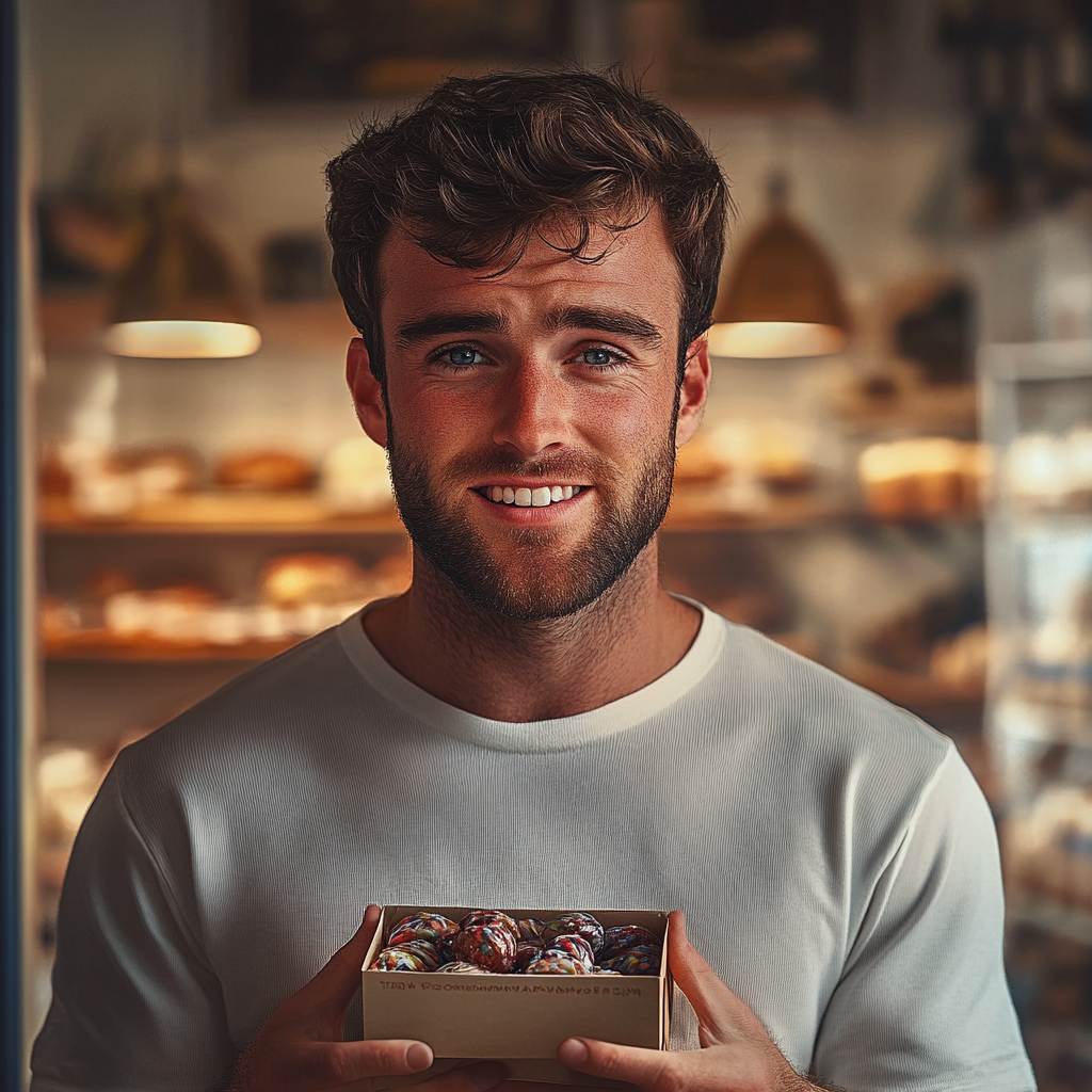 A smiling man holding a box of candies | Source: Midjourney