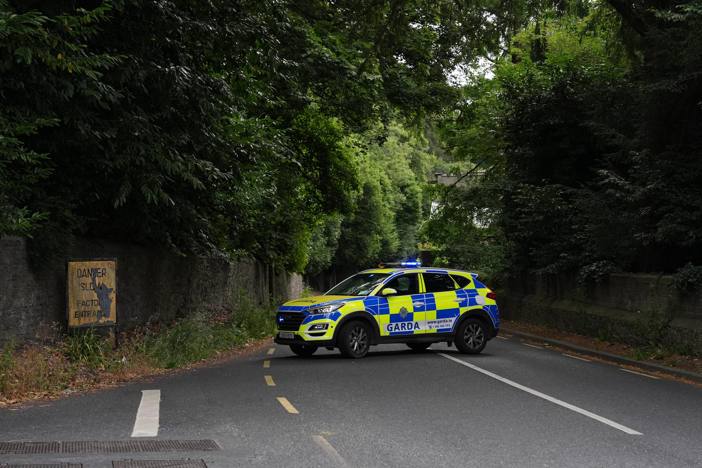 The flashing blue lights of a Garda unit illuminate the darkness near a factory entrance sign, where the single-vehicle collision sadly occurred. Forensic specialists were later called in to examine the vicinity where the Oscar winner lost his life. | Source: Getty Images.