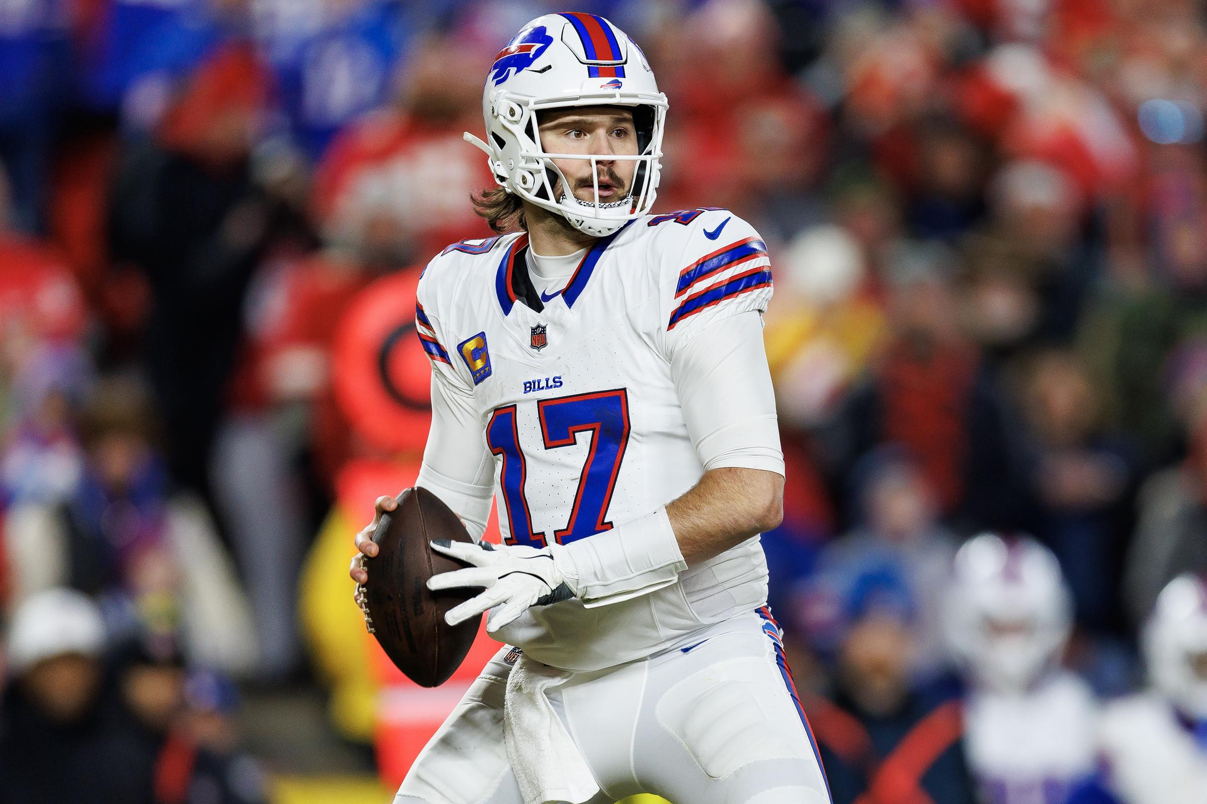 Quarterback Josh Allen #17 of the Buffalo Bills drops back to pass during the first half of the AFC Championship football game against the Kansas City Chiefs, at GEHA Field at Arrowhead Stadium on January 26, 2025, in Kansas City, Missouri | Source: Getty Images