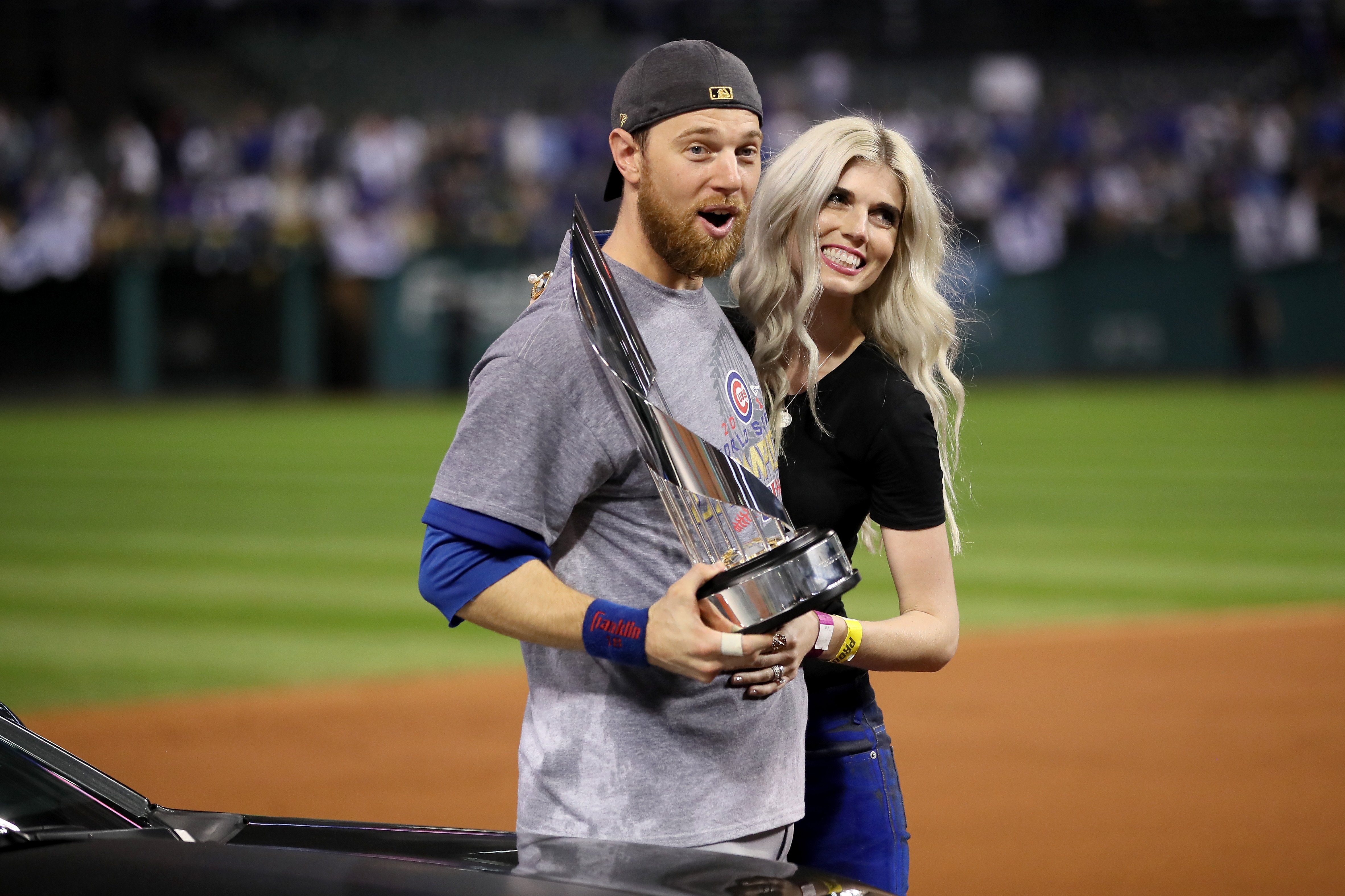 2016 World Series MVP Ben Zobrist #18 of the Chicago Cubs celebrates with his wife Julianna Zobrist on November 2, 2016, in Cleveland, Ohio. | Source: Getty Images
