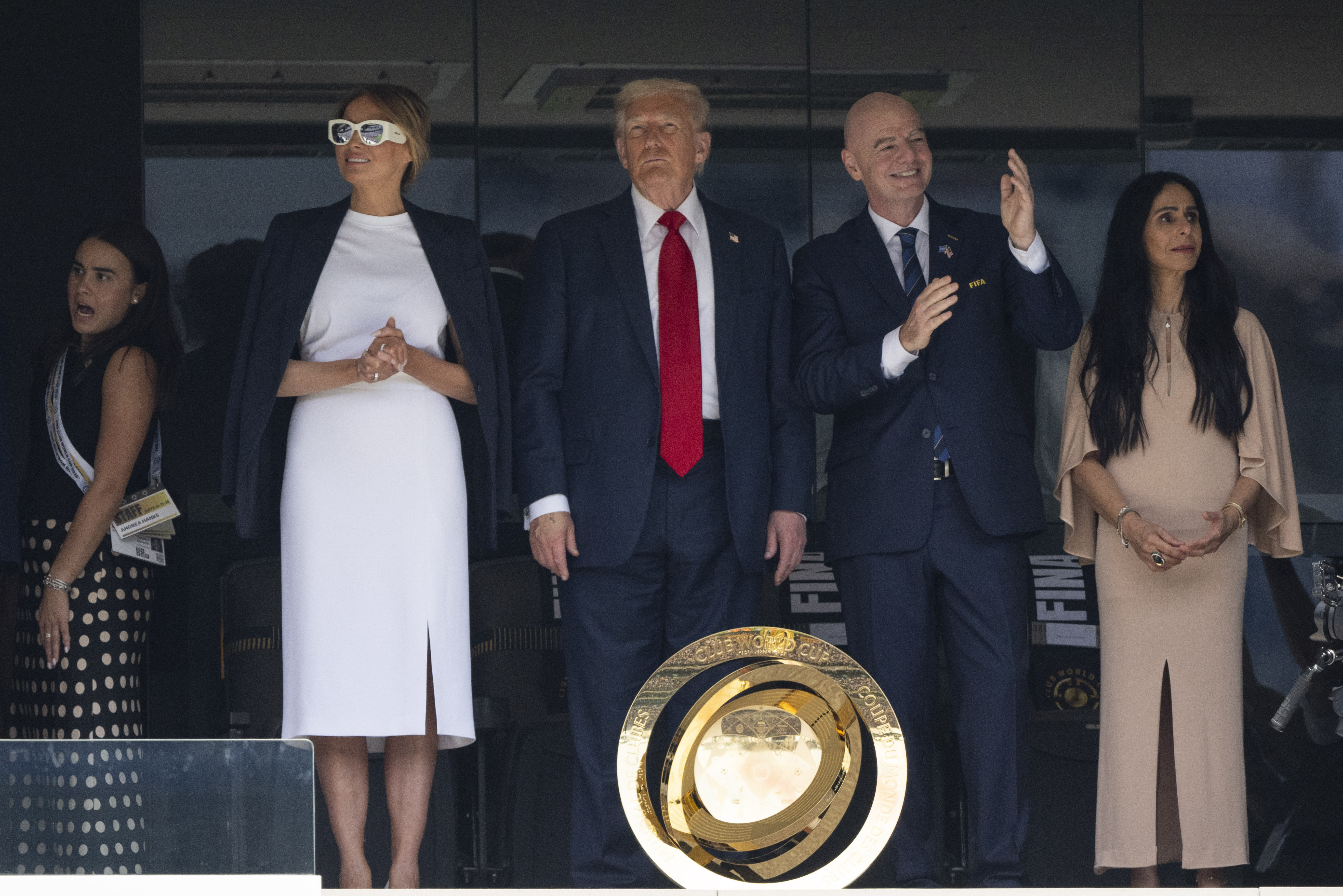Melania and Donald Trump with Gianni Infantino and Leena Al Ashqar during the FIFA Club World Cup final on July 13, 2025. | Source: Getty Images