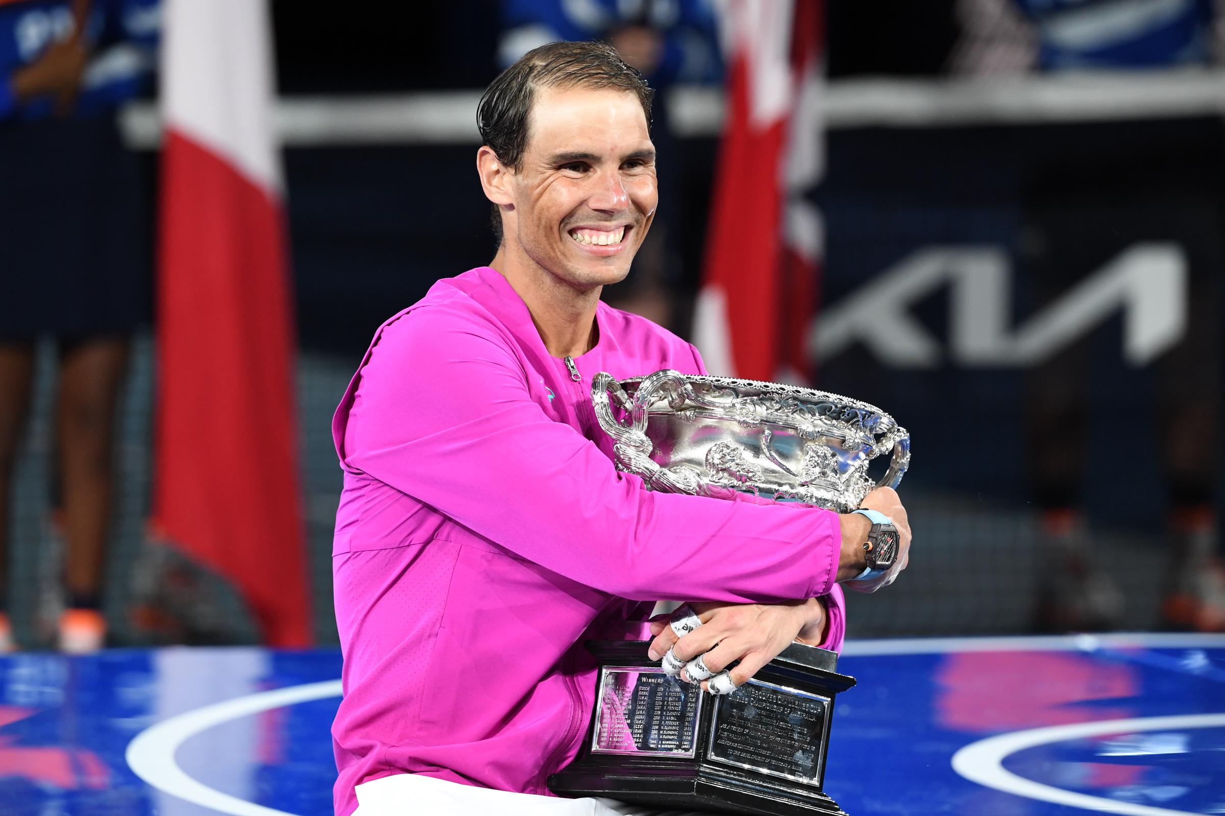 Rafael Nadal poses with the Norman Brookes Challenge Cup as he celebrates winning the Men's Singles Final match during the 2022 Australian Open at Melbourne Park on January 30 in Australia. | Source: Getty Images