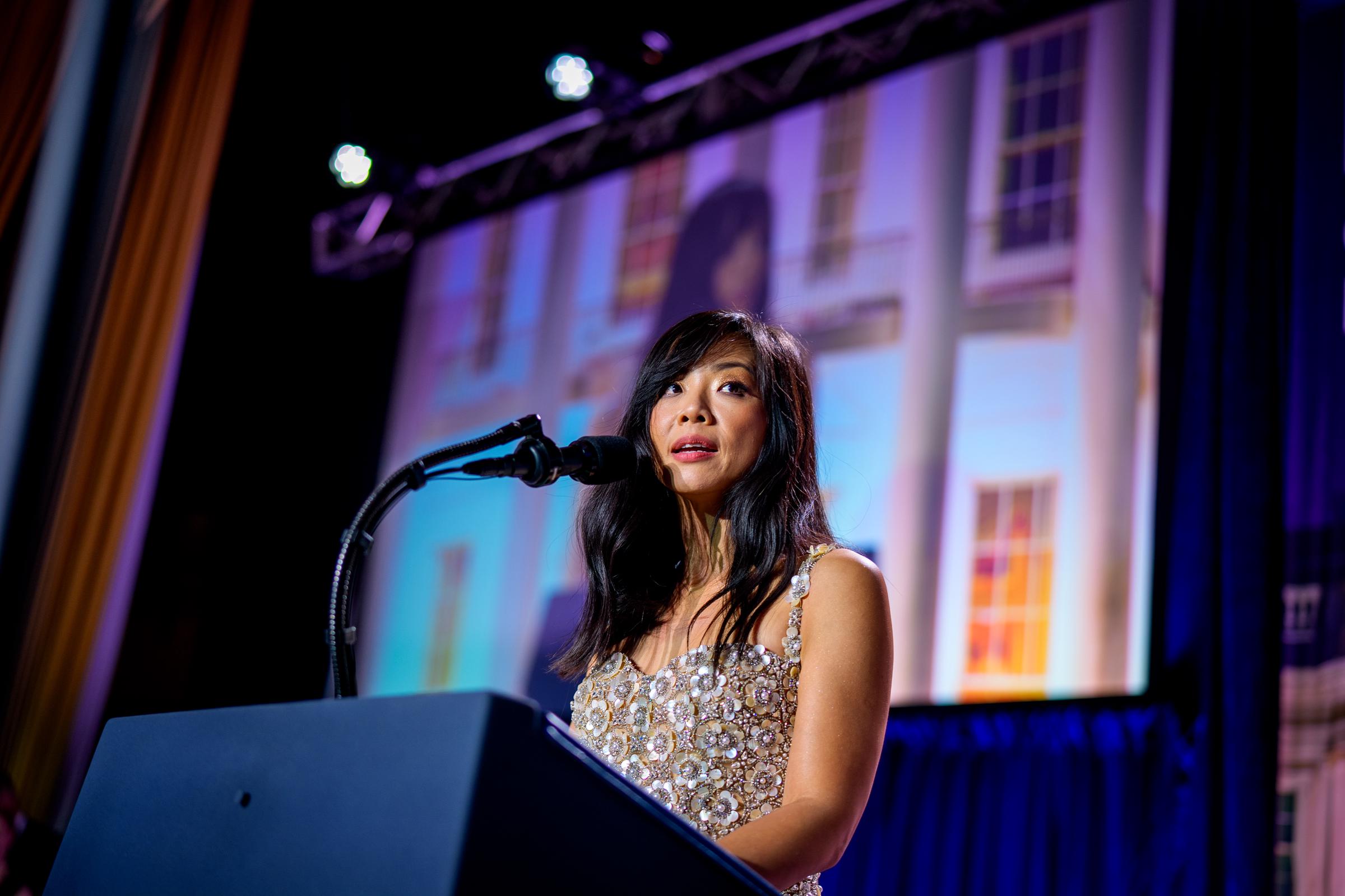 Weijia Jiang speaks on stage after a shooting incident during the White House Correspondents' Dinner at Washington Hilton on April 25, 2026, in Washington, DC | Source: Getty Images