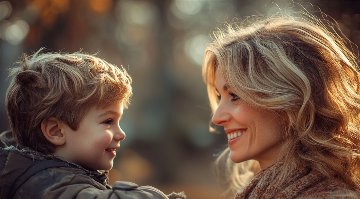 A woman smiling at her son | Source: Midjourney