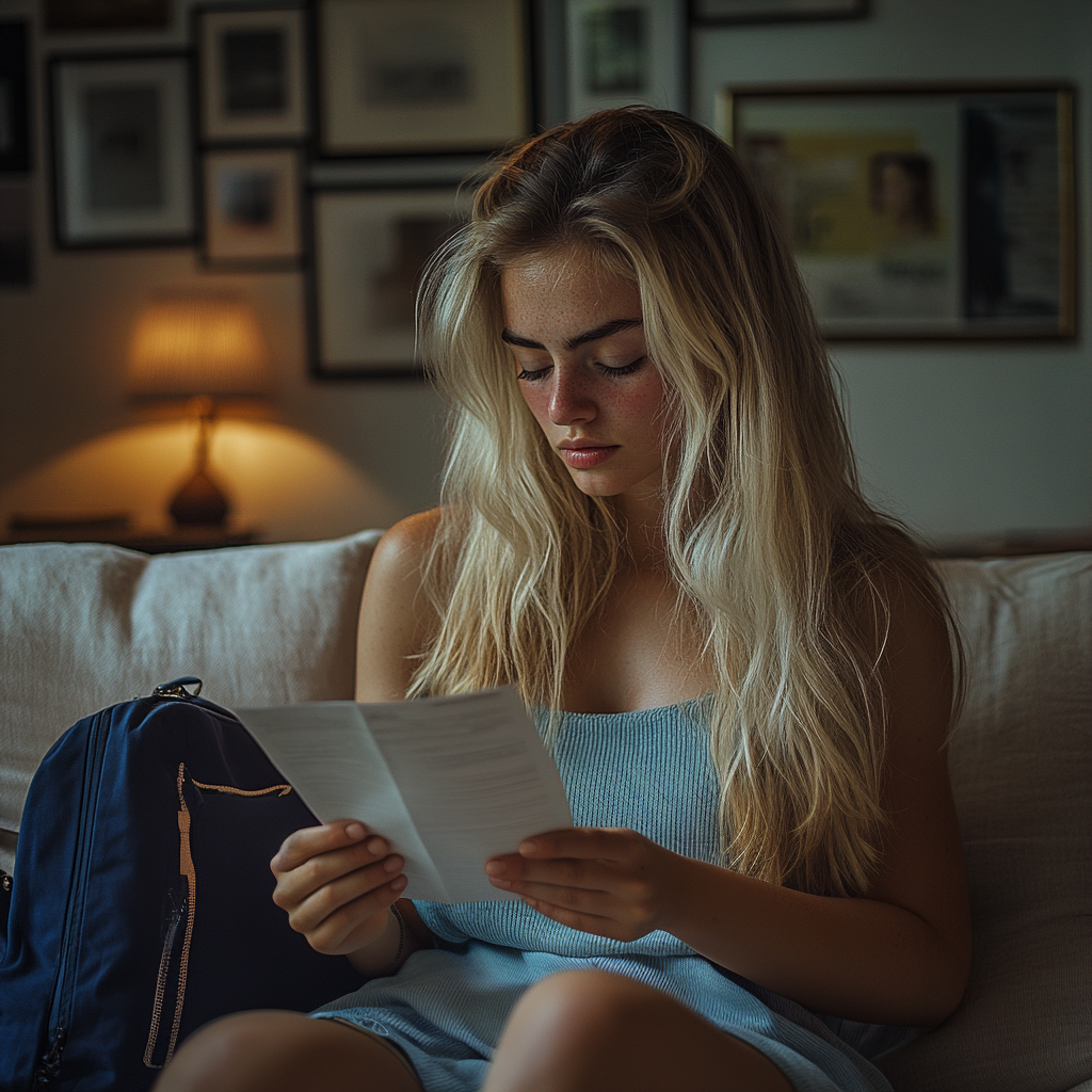 A woman reading a note while sitting on a sofa | Source: Midjourney