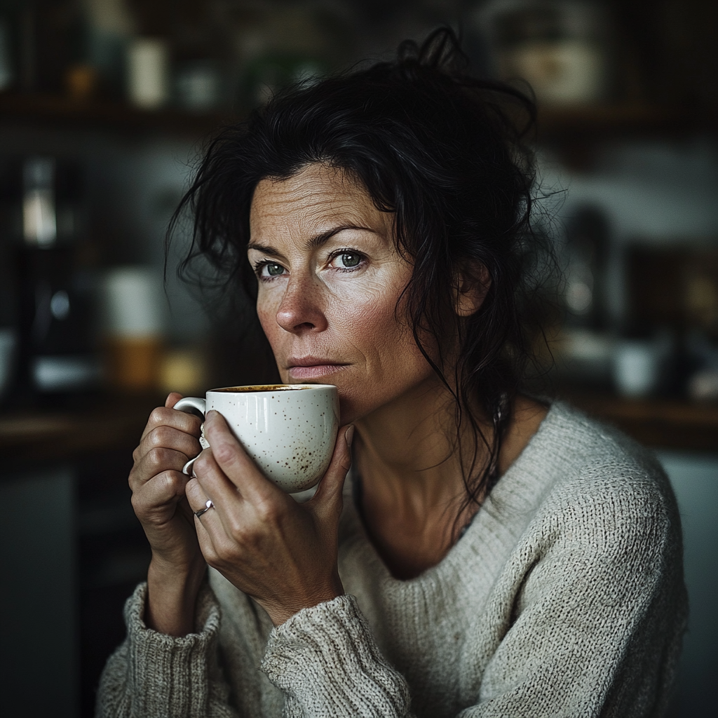 A serious woman with a cup of coffee | Source: Midjourney