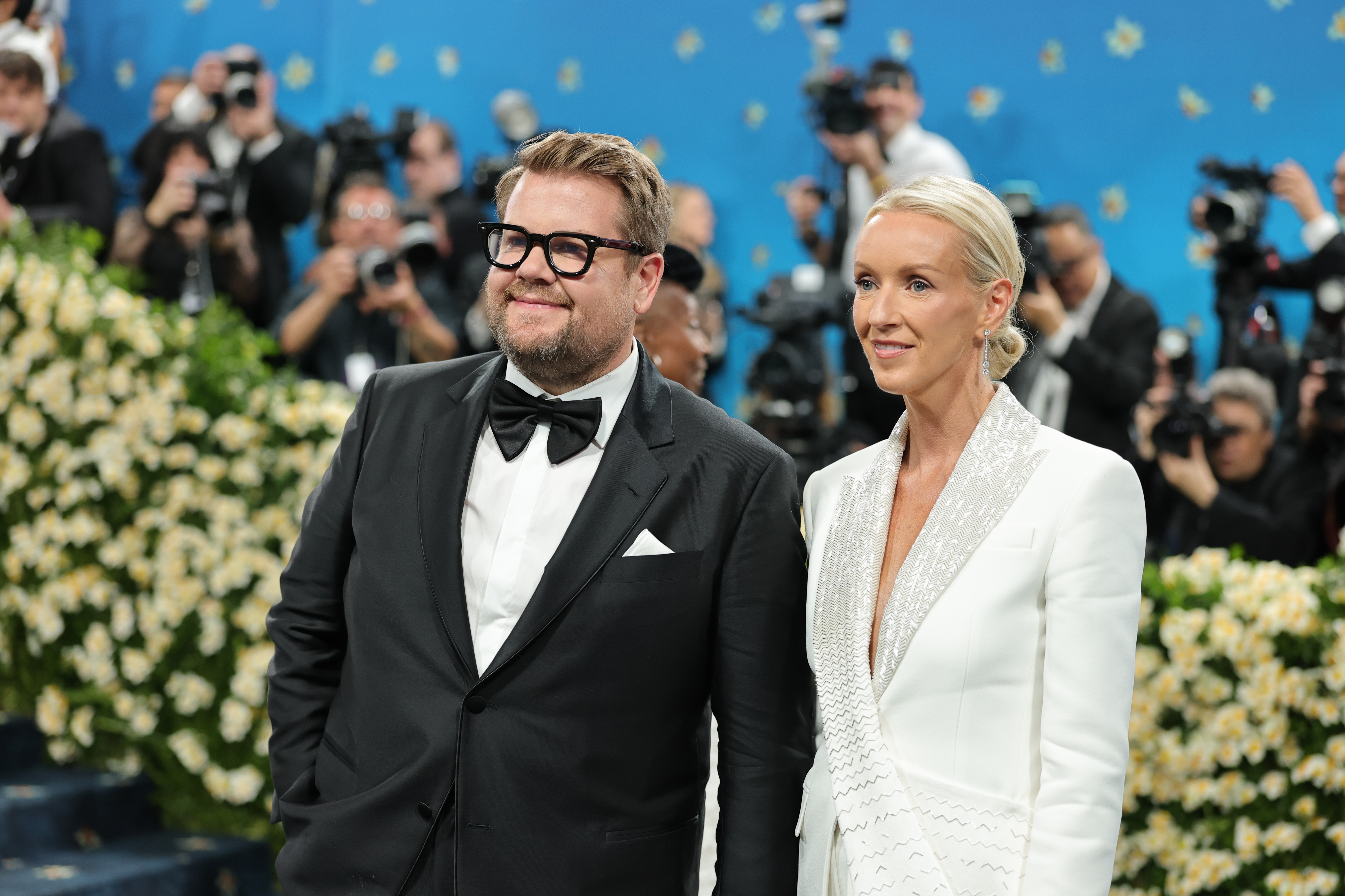 James Corden and Julia Carey pose at the Met Gala Celebrating "Superfine: Tailoring Black Style" on May 5, 2025, in New York City. | Source: Getty Images