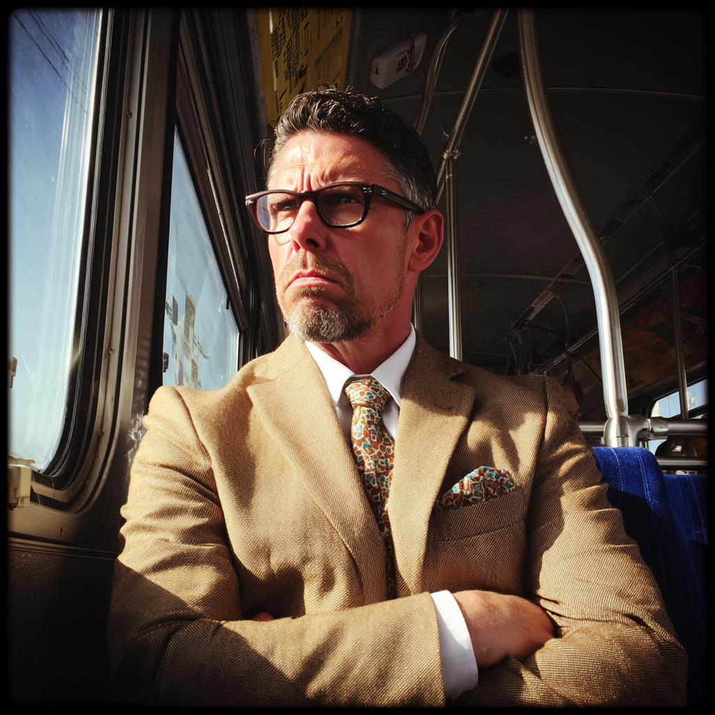A grumpy man sitting on a bus | Source: Midjourney