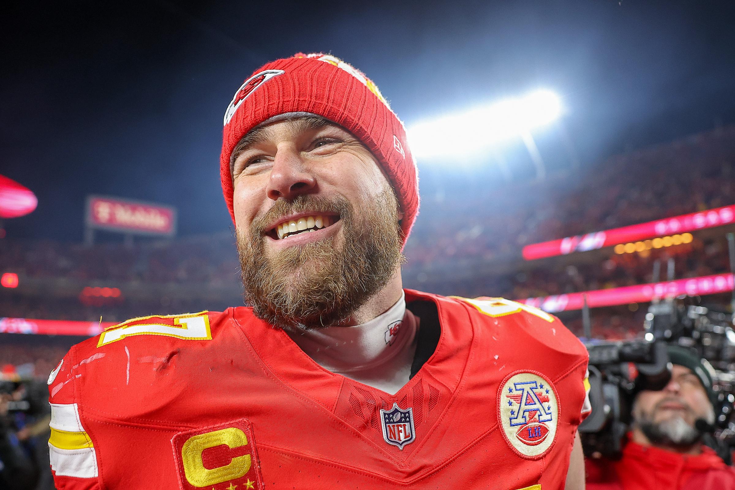 Travis Kelce #87 of the Kansas City Chiefs reacts after defeating the Buffalo Bills 32-29 in the AFC Championship Game at GEHA Field at Arrowhead Stadium on January 26, 2025, in Kansas City, Missouri | Source: Getty Images