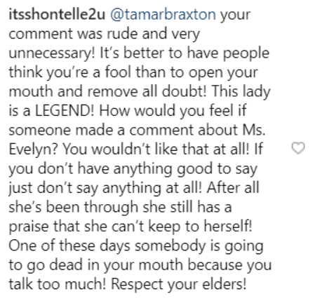 Screenshot of Instagram users' reactions to Tamar Braxton's comment. | Photo: Instagram/Tina Knowles