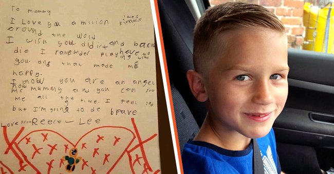 [Left] Picture of Ellia Arathoon's son, Reece Dunne;[Right] Picture of the letter written by Reece to his mother | Source: twitter.com/ZoeJournalism || facebook.com/ellia.arathoon.1