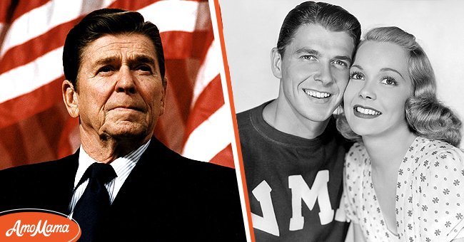 [Left] President Ronald Reagan at a rally for Senator Durenberger on February 8, 1982; [Right] Actress Jane Wyman and Ronald Reagan in a scene from the 1937 movie "Brother Rat" | Source: Getty Images