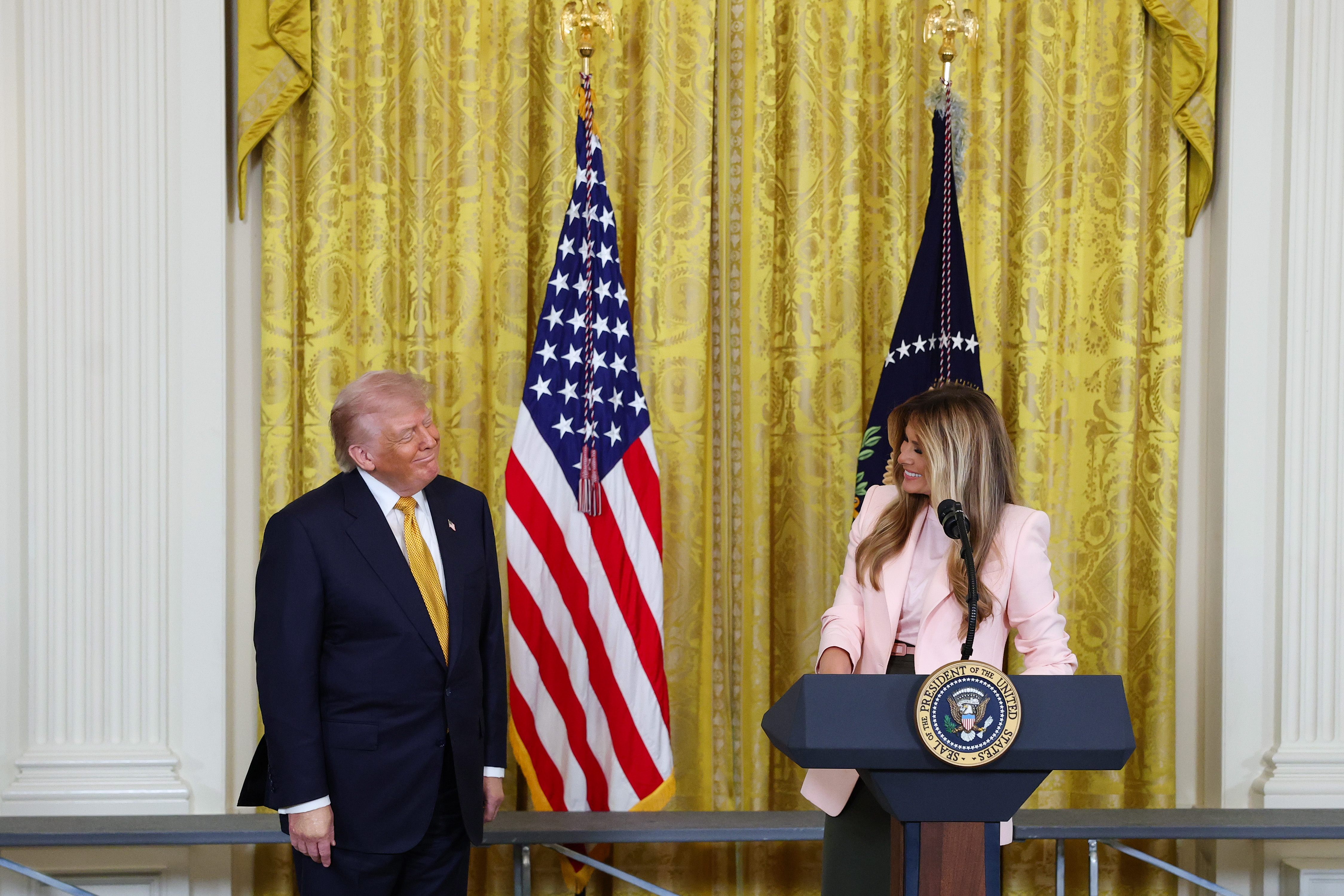 Donald and Melania Trump participate in a Military Mother's Day Event in the East Room of the White House in Washington, DC, on May 6, 2026 | Source: Getty Images