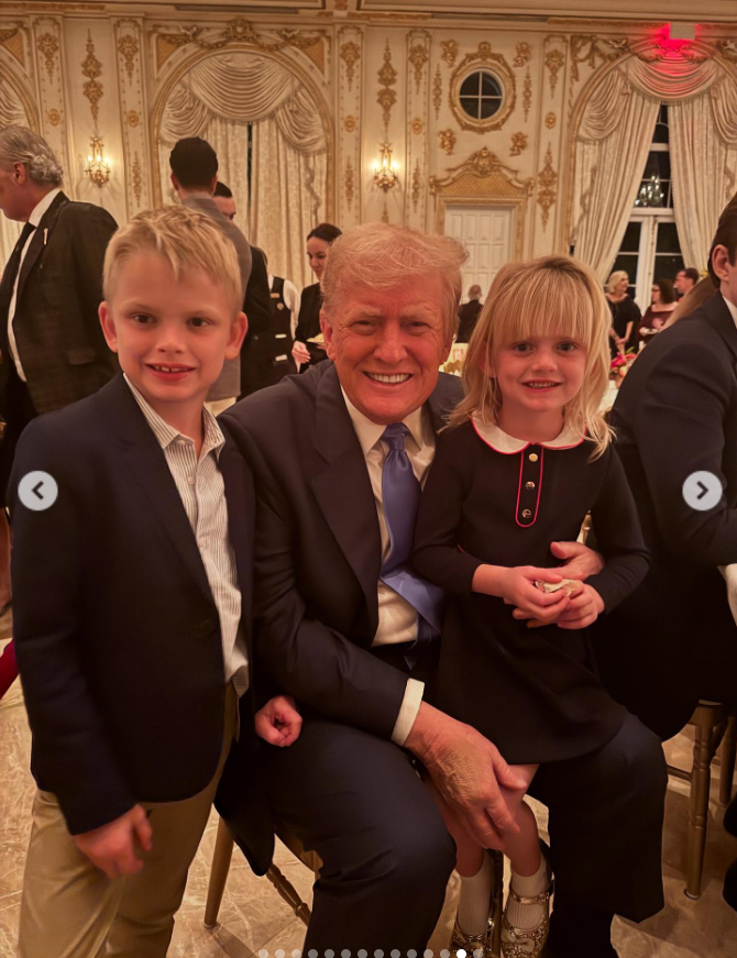President Donald Trump and his grandchildren Eric Luke and Carolina Dorothy take photo during an event, from a post dated June 15, 2025 | Source: Instagram/laraleatrump