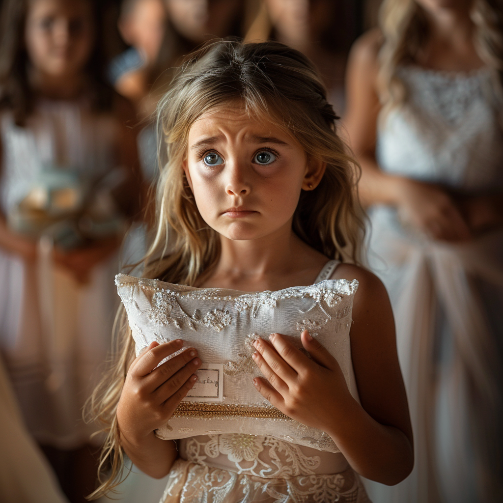 An upset ring bearer at a wedding | Source: Midjourney