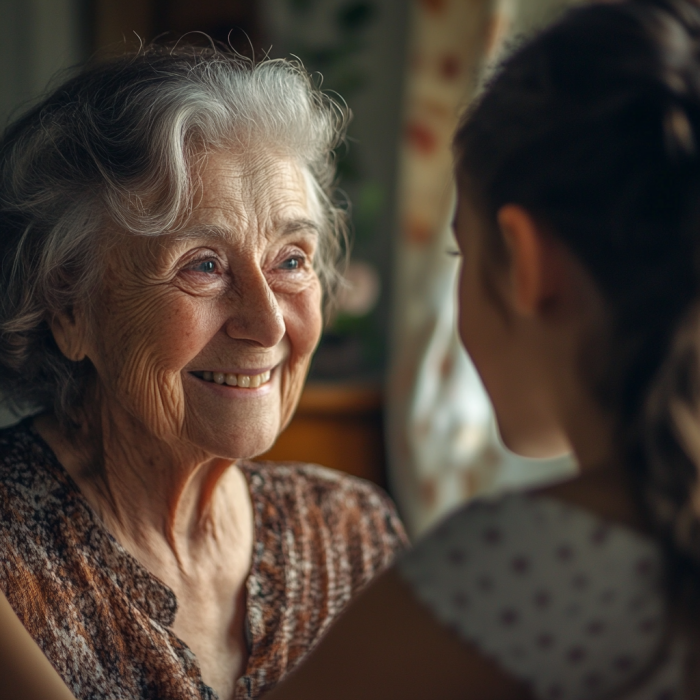 An elderly woman smiles warmly as she welcomes a teenage girl, presumably her granddaughter, for a summer stay at her home | Source: Midjourney