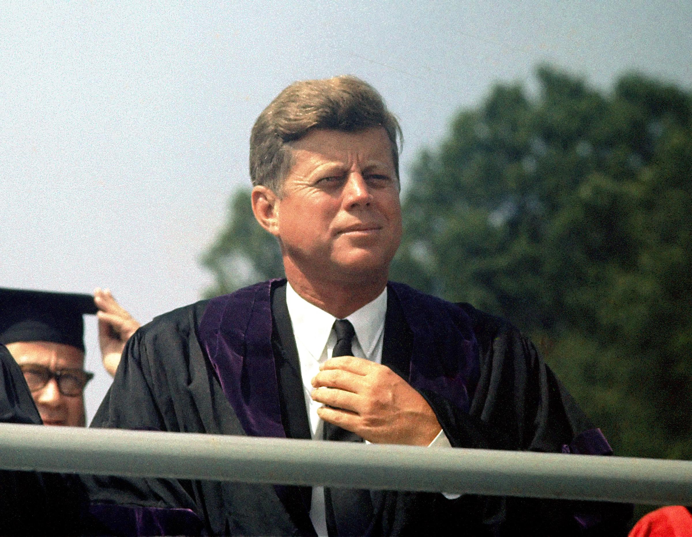 Late U.S. president John F. Kennedy during American University's commencement ceremony on June 10, 1963, in Washington D.C. | Source: Getty Images