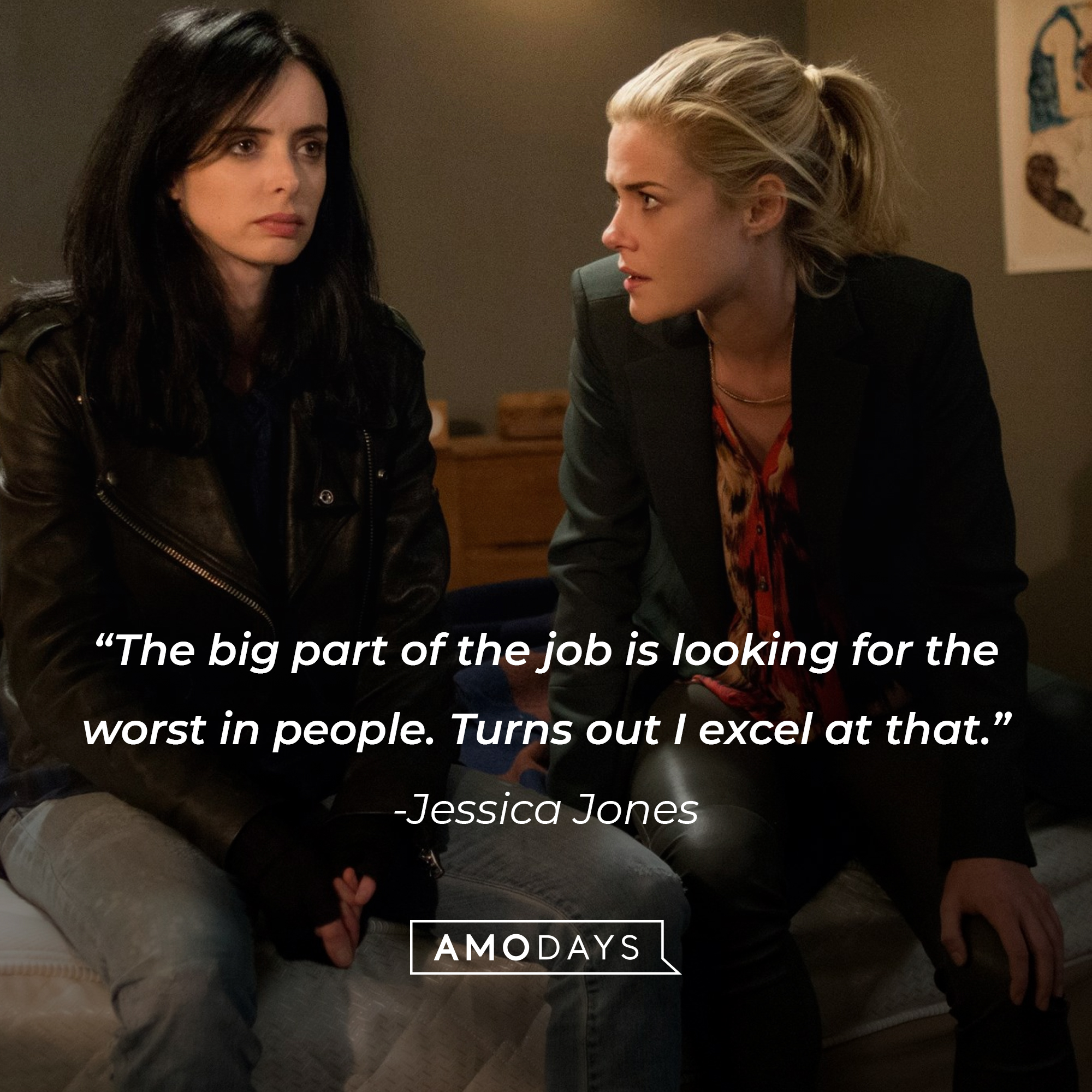 An image of Jessica Jones and Patricia "Trish" Walker with Jones’  quote: “The big part of the job is looking for the worst in people. Turns out I excel at that."┃Source:facebook.com/JessicaJonesLat