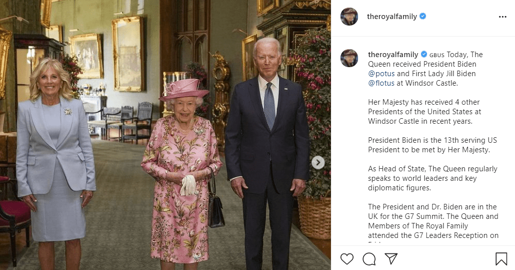The Queen receiving President Joe Biden and First Lady Jill Biden at Windsor Castle on June 13, 2021 | Photo: Instagram/@theroyalfamily