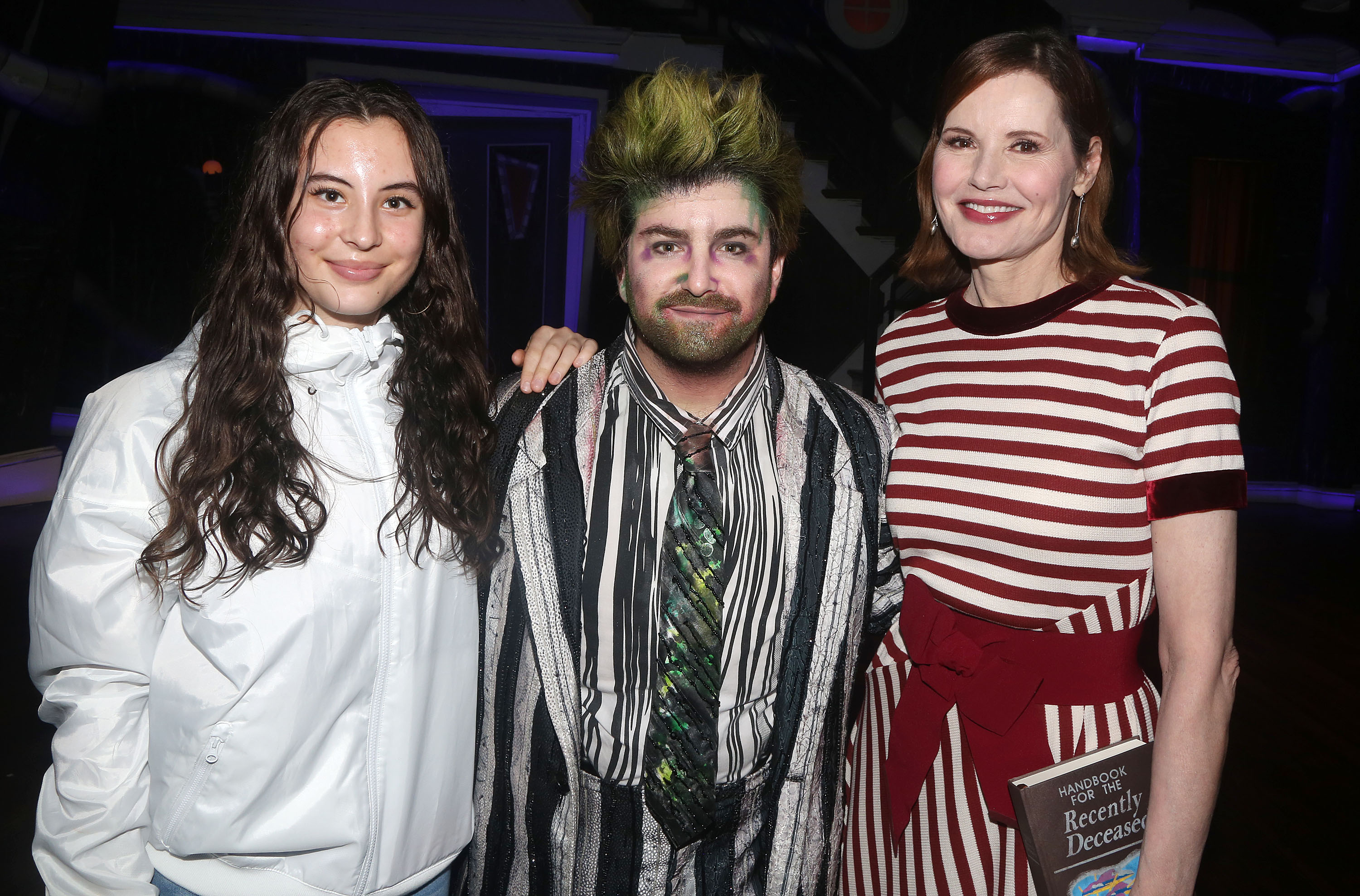 Alizeh Jarrahy, Alex Brightman, and Geena Davis backstage at the Broadway musical based on the film "Beetlejuice" on September 21, 2019, in New York. | Source: Getty Images