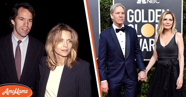[Left] Michelle Pfeiffer and her husband David Kelley at "The Substance of Fire" Opening Night Play Performance on January 21, 1993; [Right] Michelle Pfeiffer and her husband David Kelley at the 77th Annual Golden Globe Awards at The Beverly Hilton Hotel in Beverly Hills, California on January 05, 2020. | Source: Getty Images