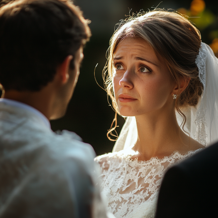 A bride and bridegroom having an anxious conversation | Source: Midjourney