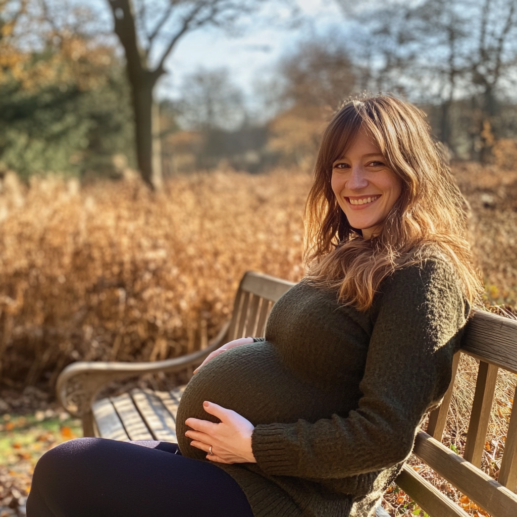 A smiling pregnant woman sitting on a bench | Source: Midjourney