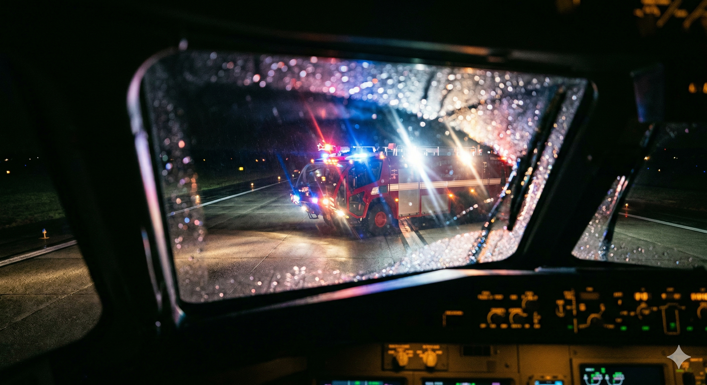 An illustrative simulation showing the terrifying perspective of the fire truck's flashing lights appearing directly in the path of the oncoming plane | Source: Gemini AI