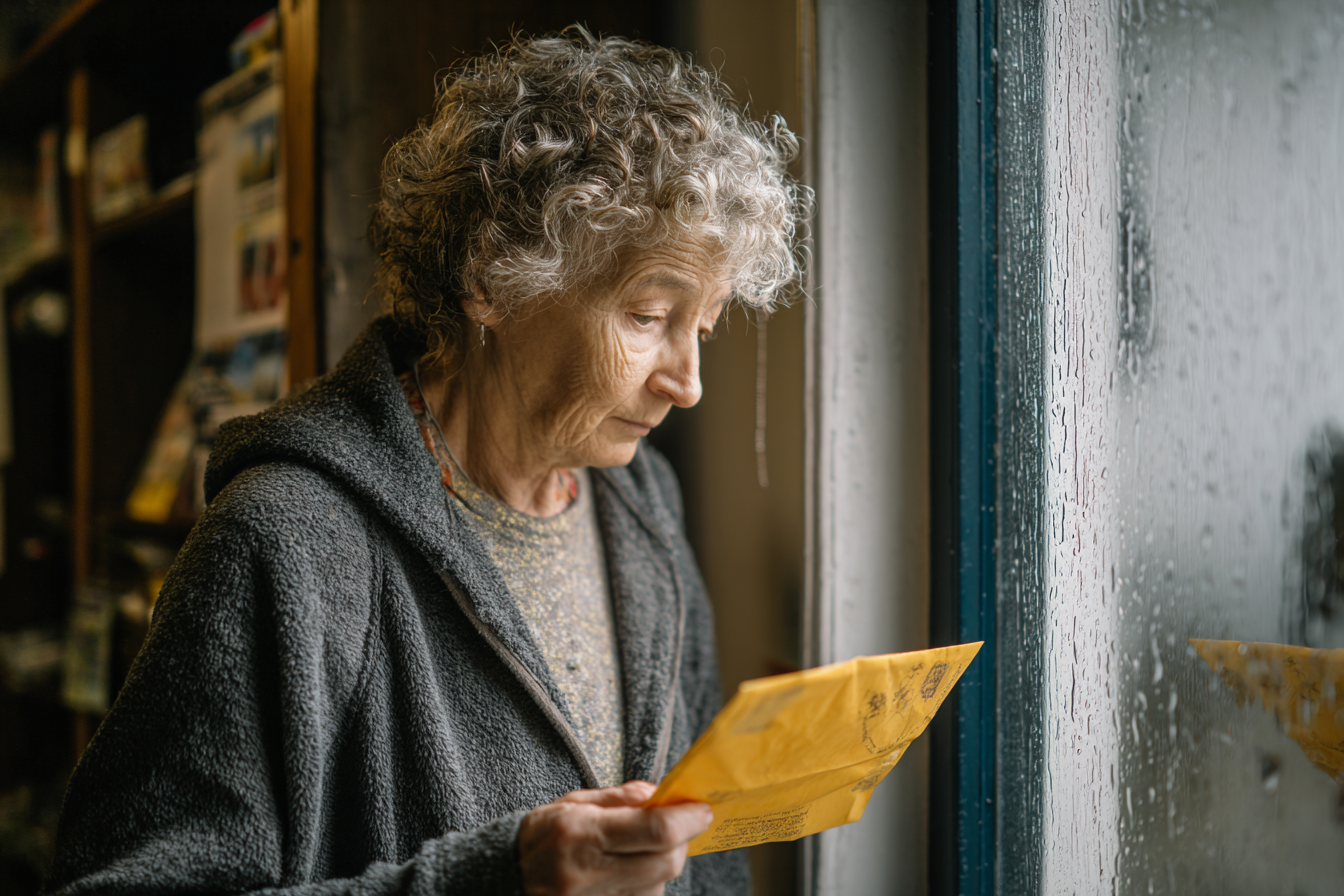 An older woman holding an envelope | Source: Midjourney
