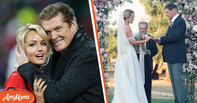 [Left] Actor and Singer David Hasselhoff hugs Welsh girlfriend Hayley Roberts during the 2015 Rugby World Cup at Twickenham Stadium on September 26, 2015 in London; [Right] David Hasselhoff and Hayley Roberts during their wedding | Source: Getty Images | Instagram.com/hhayleyroberts