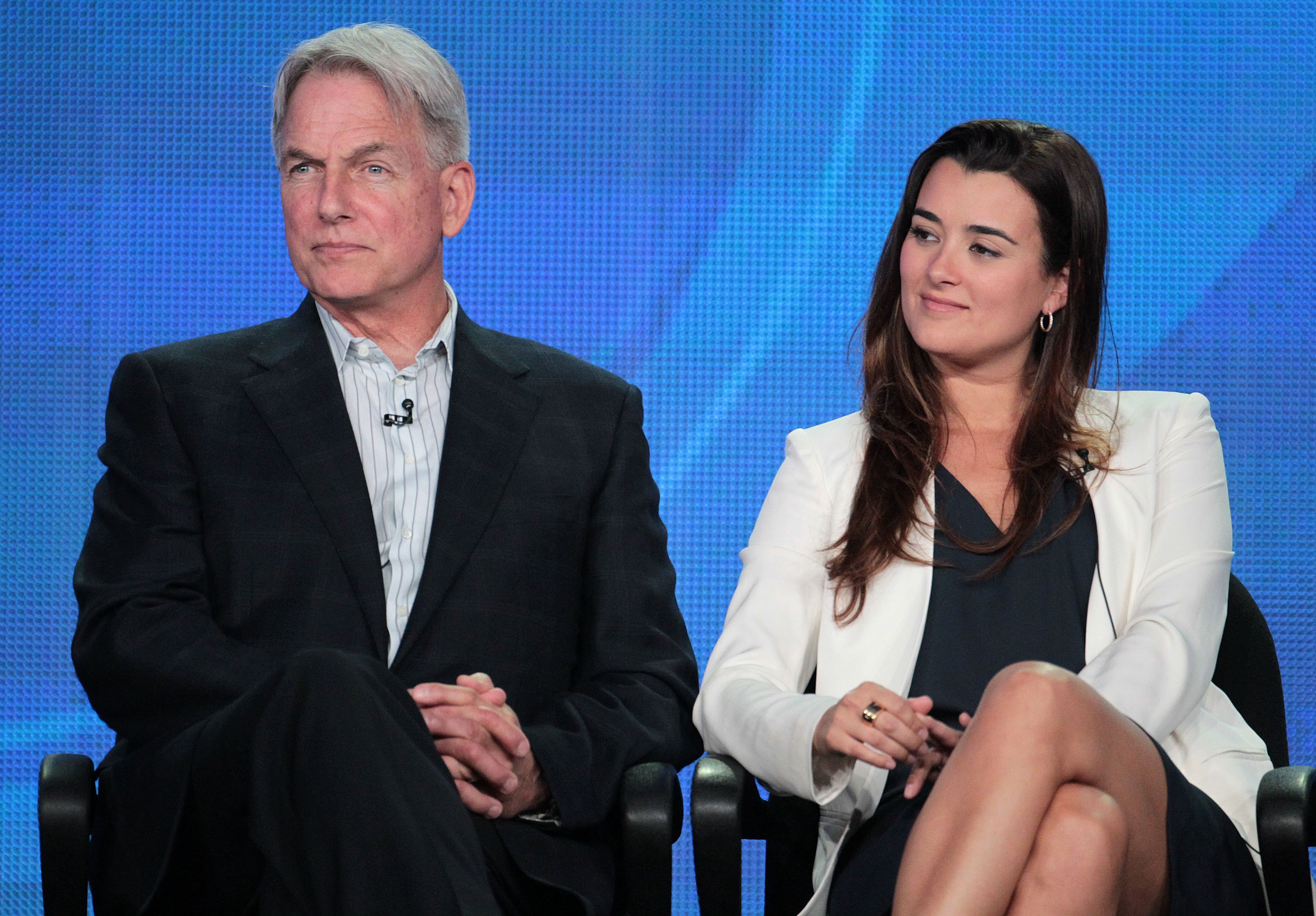 Mark Harmon and Cote de Pablo speak during the Television Critics Association Press Tour on January 11, 2012, in Pasadena, California. | Source: Getty Images.
