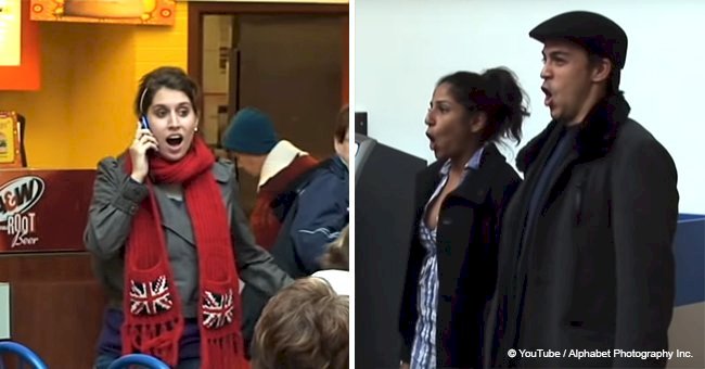 Woman randomly starting to sing at a food court gets back up from 'strangers' in the crowd