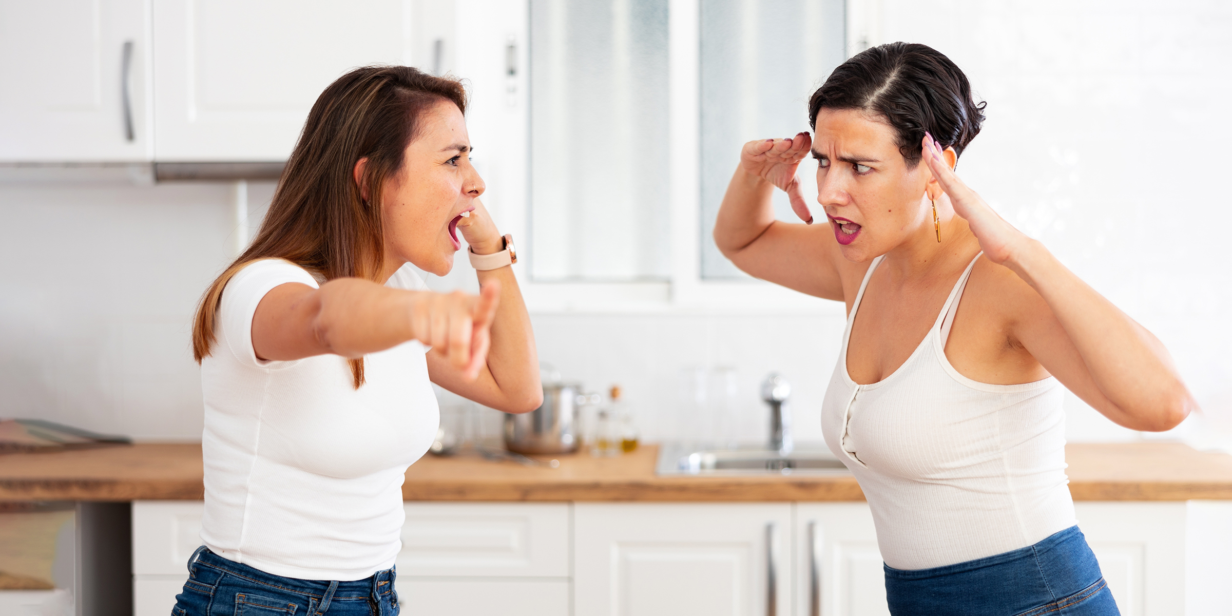 Two women arguing in a kitchen | Source: Shutterstock