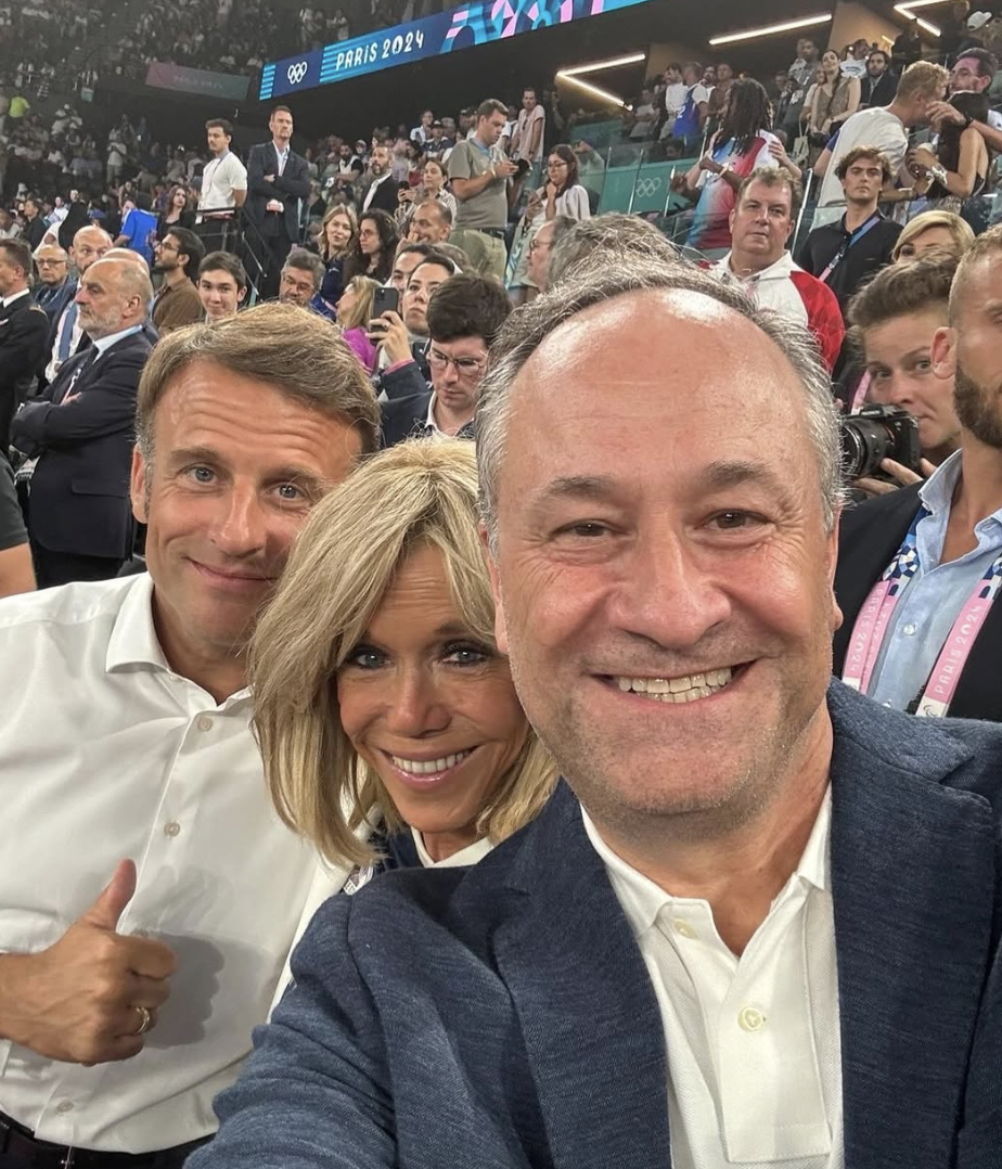 Emmanuel and Brigitte Macron with Former Second Gentleman Doug Emhoff from a post dated August 11, 2024. | Source: Instagram/secondgentleman46archive