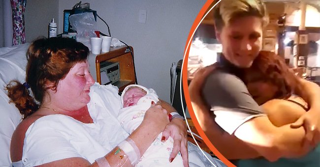 Tammy Oswalt hält ihren neugeborenen Sohn [Links]; Oswalt teilt eine Umarmung mit ihrem Sohn Dylan Rich, 18 Jahre später. [Rechts] | Quelle: Facebook.com/lokisGirl. - Youtube.com/CatersClips