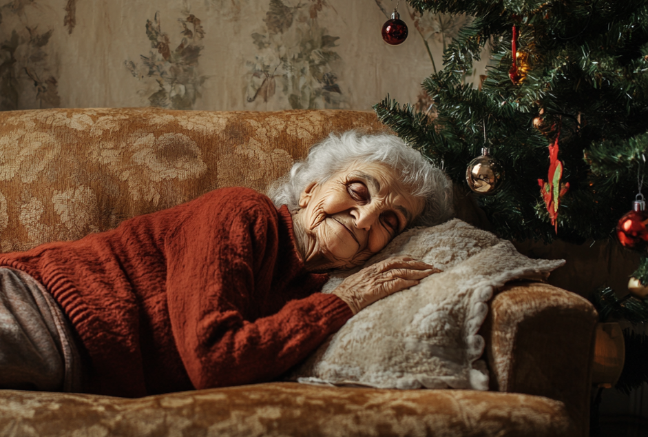 An old woman smiling while sleeping on a sofa | Source: Midjourney