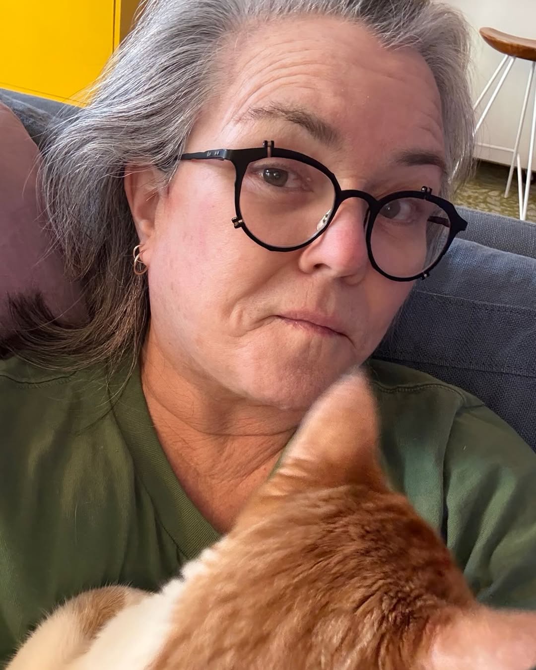 Rosie O'Donnell relaxes on a couch while posing with a cat in the foreground, wearing a green sweatshirt and round glasses in a warm and cozy home setting. | Source: Instagram/rosie