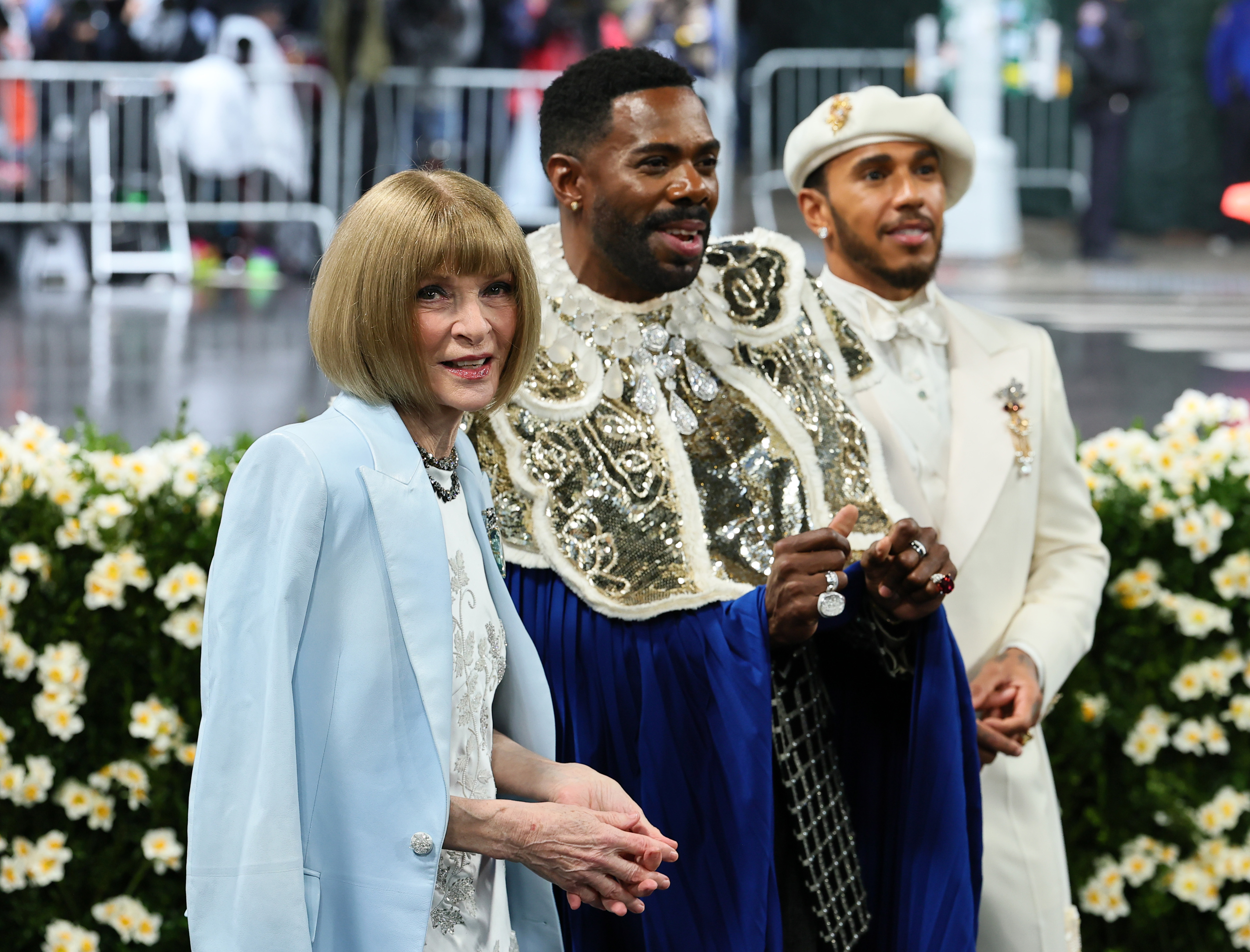 Met Gala Chair Anna Wintour joins Co-Chairs Colman Domingo and Lewis Hamilton on the carpet at the 2025 Met Gala, which highlighted "Superfine: Tailoring Black Style" through fashion, heritage, and storytelling.
