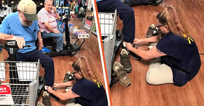 Employee helps a customer fit on new shoes [left]; Employee sits on the ground to assist an elderly customer [right] | Source: facebook.com/mandy.s.prince
